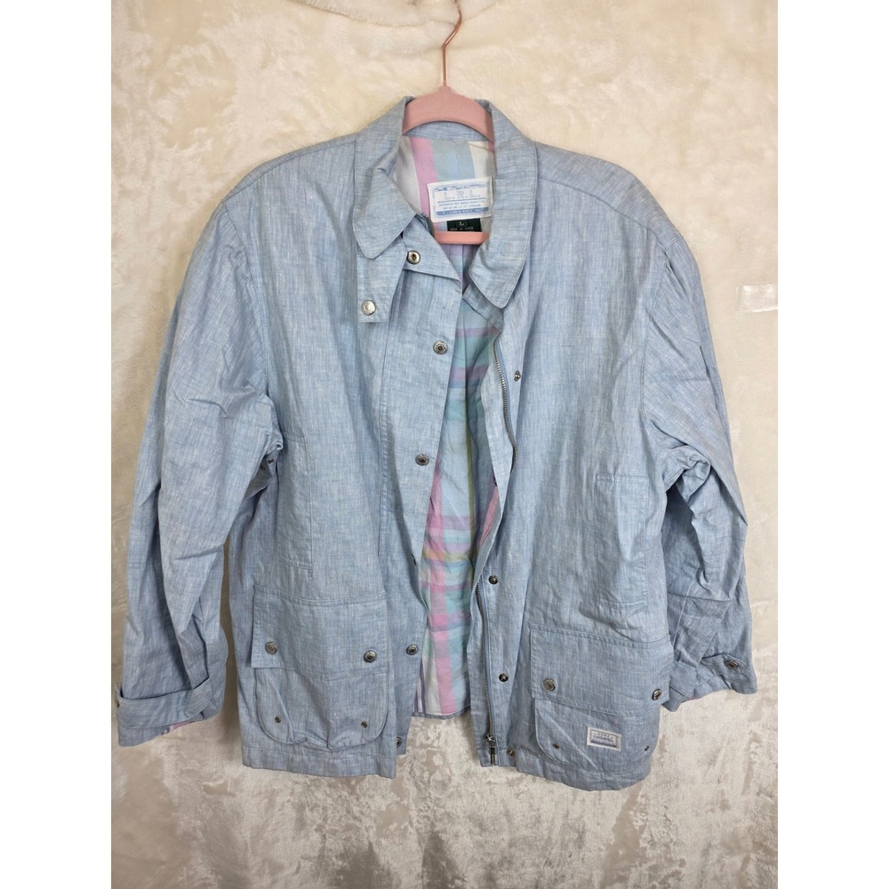 Lauren Ralph Lauren Blue Linen Field Jacket Plaid Lined Utility Coat Womens L